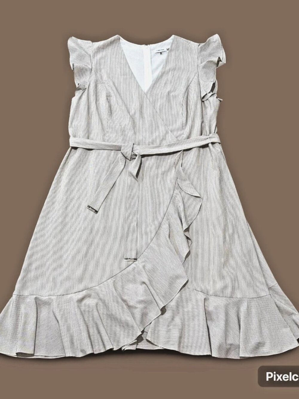 Calvin Klein Faux Wrap Fit & Flare Size 20 Midi Dress Tan-White Belted